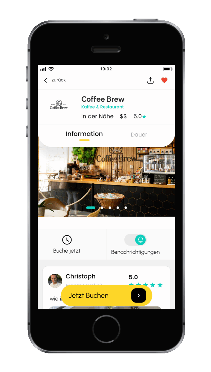 Screenshot aus der App smaboo: Ein Kunde hat mit einem Klick auf das Herzsymbol das Coffee Brew geliked.