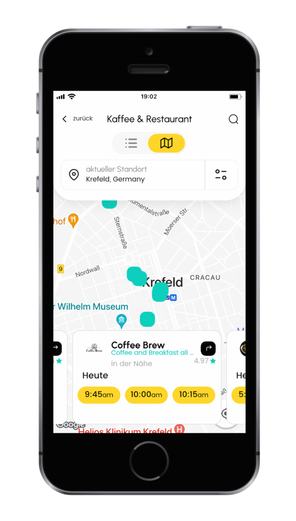 Screenshot einer Karte von Kaffees und Restaurants in der Nähe aus Kundensicht in der App smaboo